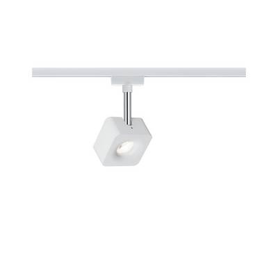 Plafonnier carré blanc avec projecteur réglable, monté sur une fine rail, adapté aux espaces intérieurs modernes.