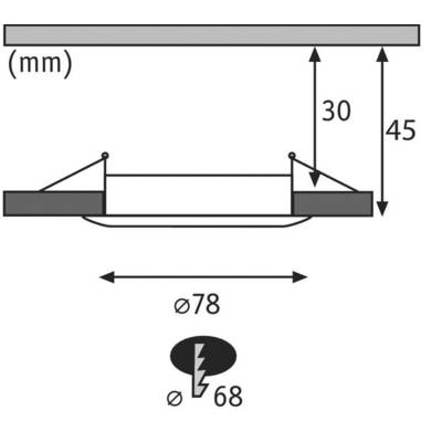 Schéma d'un luminaire encastrable avec dimensions : hauteur 30 mm, plage de ressort 45 mm, diamètre 78 mm, perçage requis 68 mm.