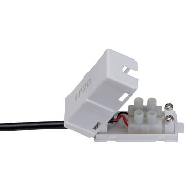 Un boîtier de câblage blanc IP20 ouvert montre les connexions internes des câbles. Un câble noir et un câble rouge sont visiblement connectés.