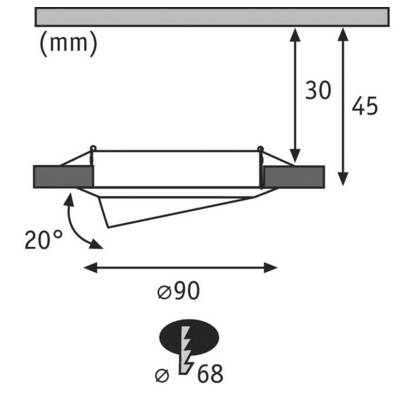 'Dessin technique d'un puits de luminaire encastré : diamètre 90 mm, hauteur d'encastrement 30 mm, hauteur totale 45 mm, angle d'inclinaison 20°.'