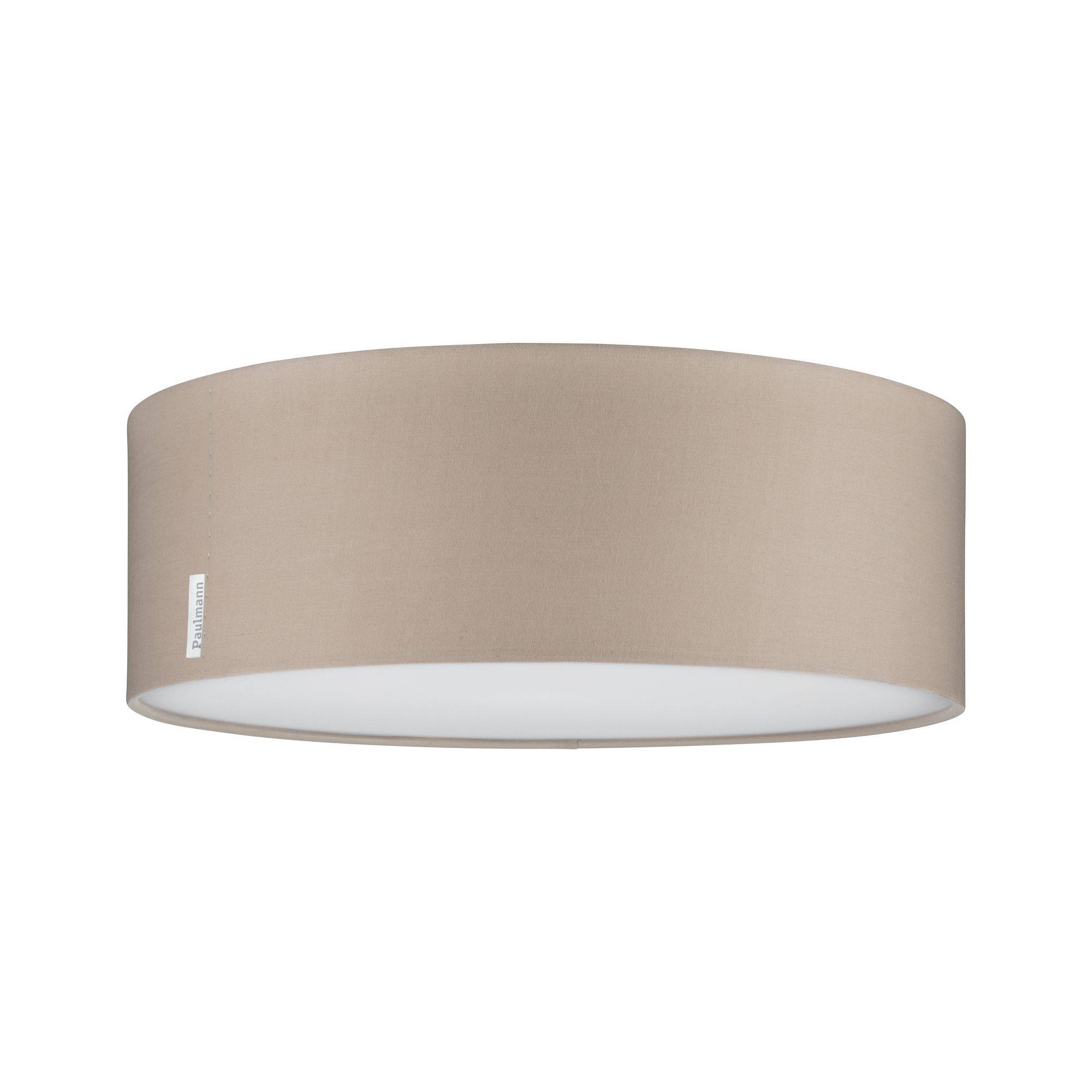 Plafonnier rond beige avec abat-jour en tissu, adapté aux espaces intérieurs modernes. Design épuré et intemporel pour un éclairage uniforme.