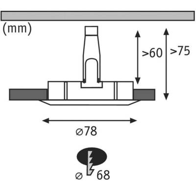 Diagramme d'un luminaire encastrable avec profondeur d'encastrement minimale 'supérieure à 60 mm' et 'supérieure à 75 mm', diamètre 'Ø 78 mm'. Indice de protection 'IP68'.