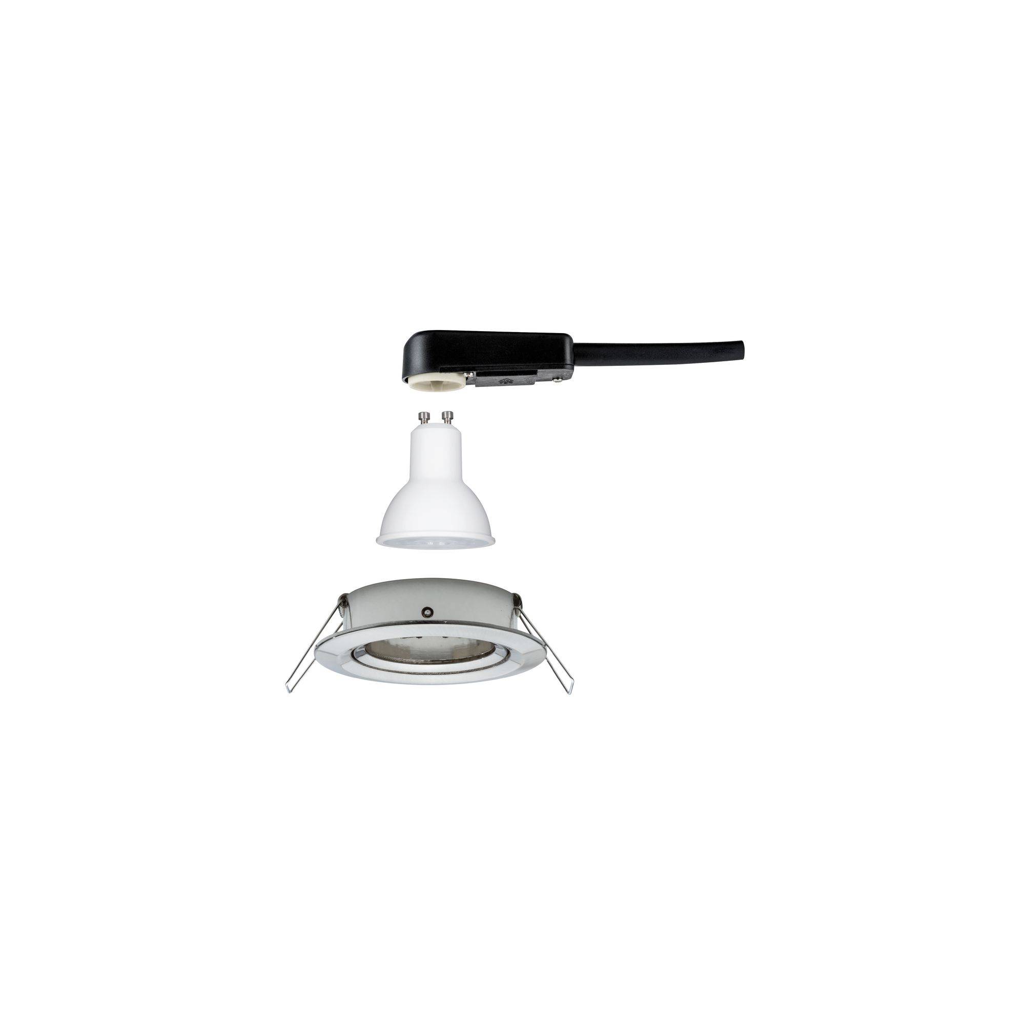 Spot encastrable LED en pièces détachées, composé d'un support, d'un élément lumineux et d'un cadre. Idéal pour des solutions d'éclairage affleurant au plafond.