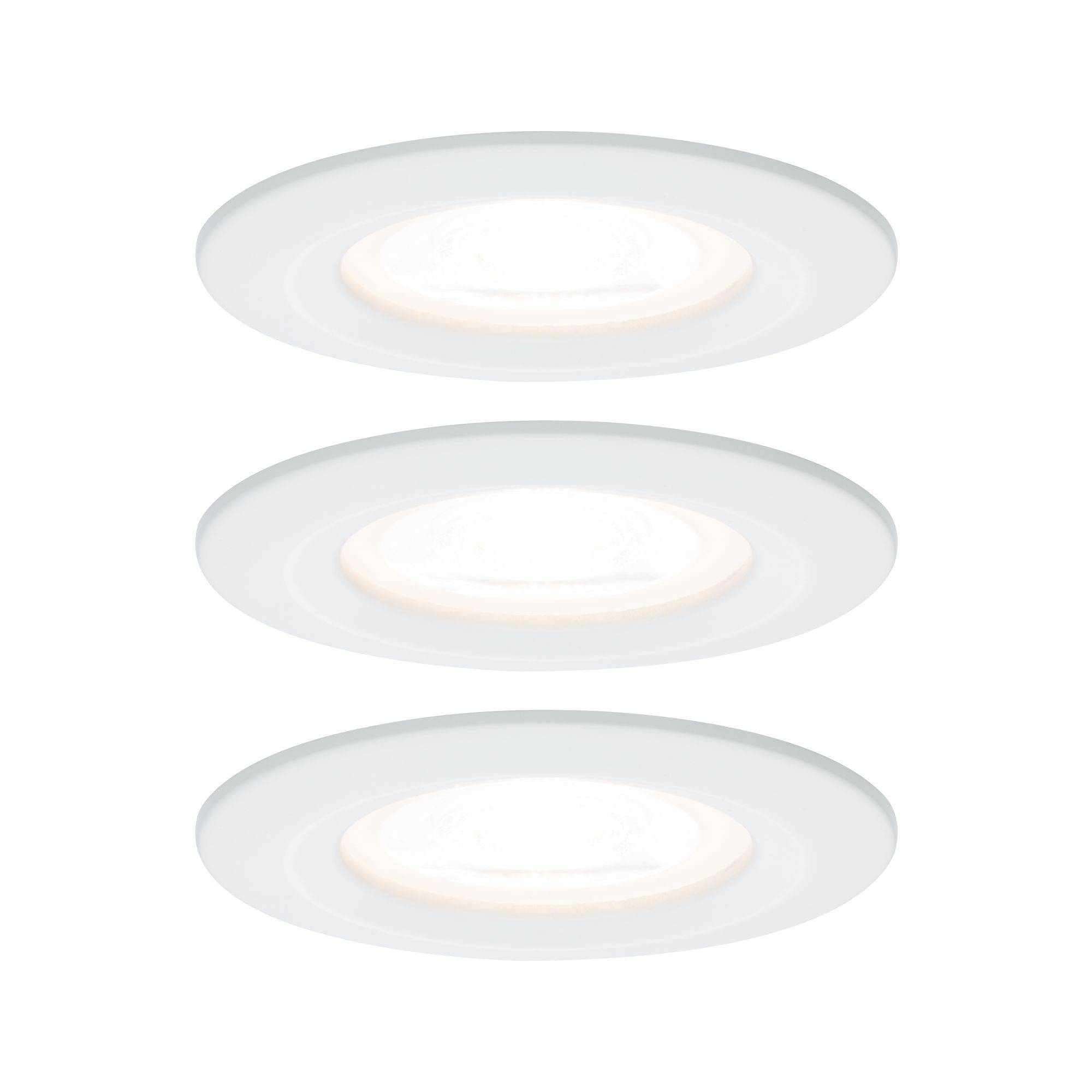 Trois spots encastrables LED ronds et blancs disposés verticalement, chacun doté d'une lumière centrale blanc chaud et lumineuse.