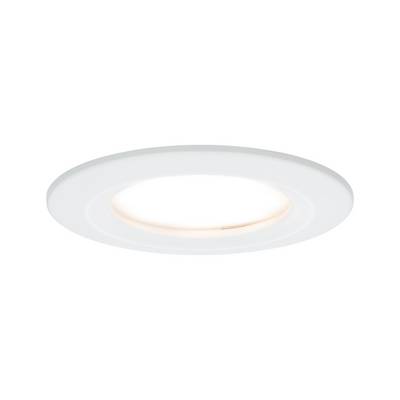 Un projecteur de plafond LED rond blanc avec une large émission lumineuse, encastré à fleur de plafond, au design minimaliste.