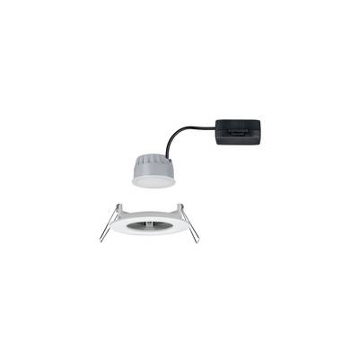 Vue éclatée d'un luminaire encastré rond avec boîtier blanc, supports et connexion électrique. Adapté pour les installations au plafond.