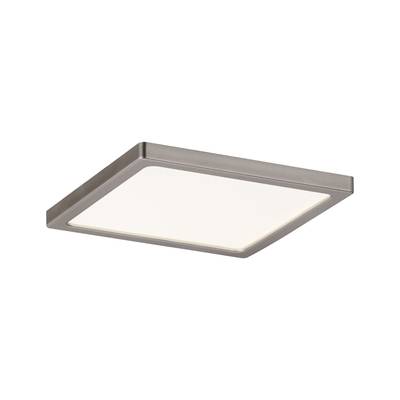 Plafonnier carré moderne avec cadre argenté et surface lumineuse blanche et plate, adapté aux espaces intérieurs contemporains.
