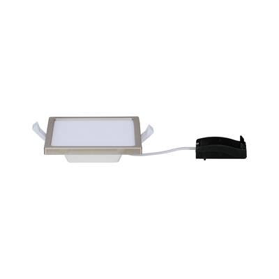 Un panneau LED rectangulaire argenté avec une surface d'éclairage blanche et un boîtier de connexion noir relié par un câble.