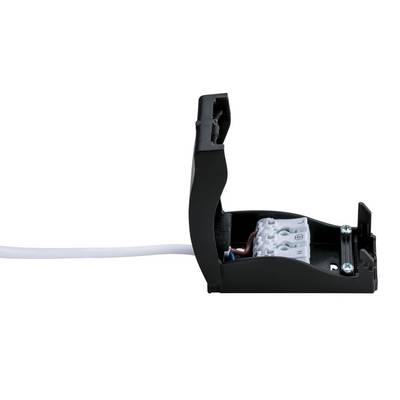 Un connecteur ouvert en plastique avec des bornes de connexion blanches et un câble blanc connecté, prêt à être installé.