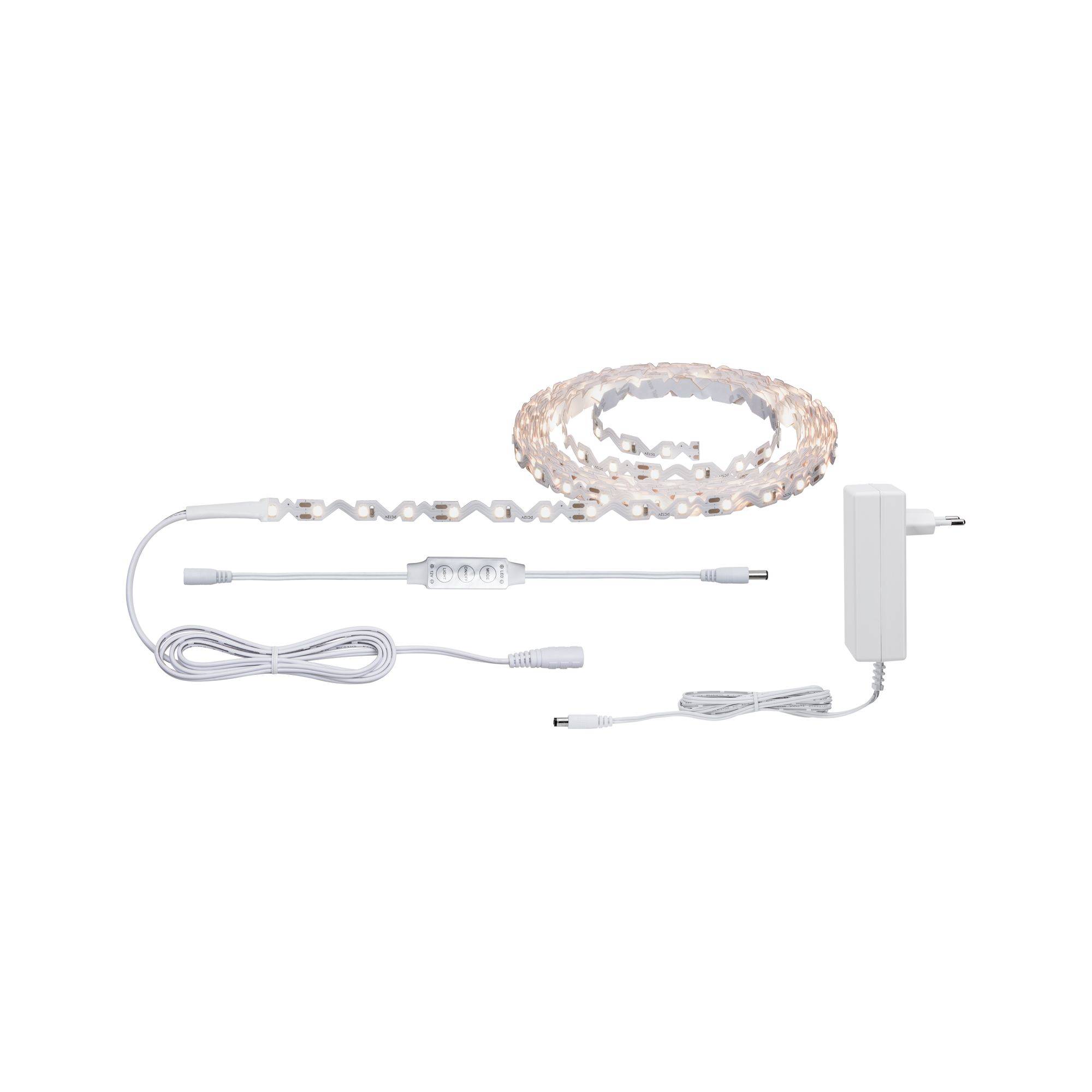 Ensemble de bandes lumineuses LED avec adaptateur blanc et câbles de connexion, prêt à être installé. Idéal pour l'éclairage décoratif intérieur.
