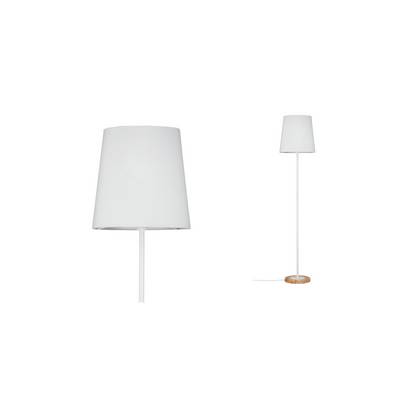 Lampadaire blanc au design simple et moderne, reposant sur un socle rond en bois. Idéal pour les espaces de vie ou de travail.