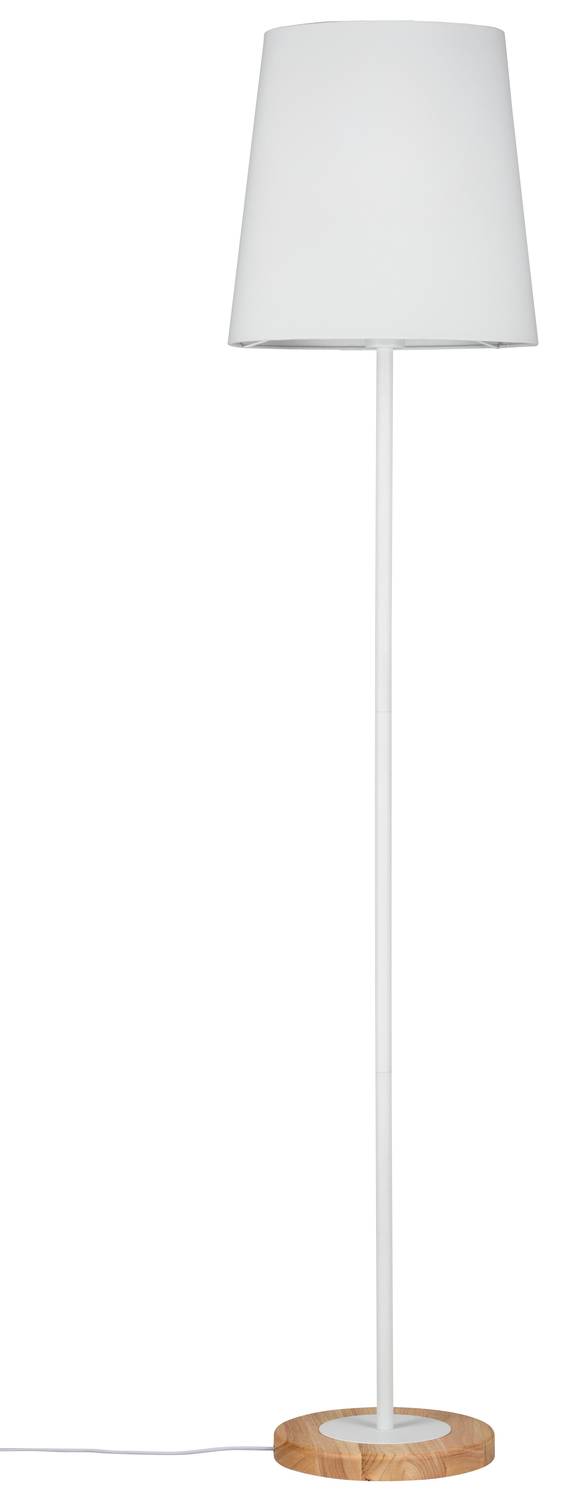 Lampadaire blanc avec abat-jour cylindrique et socle en bois.