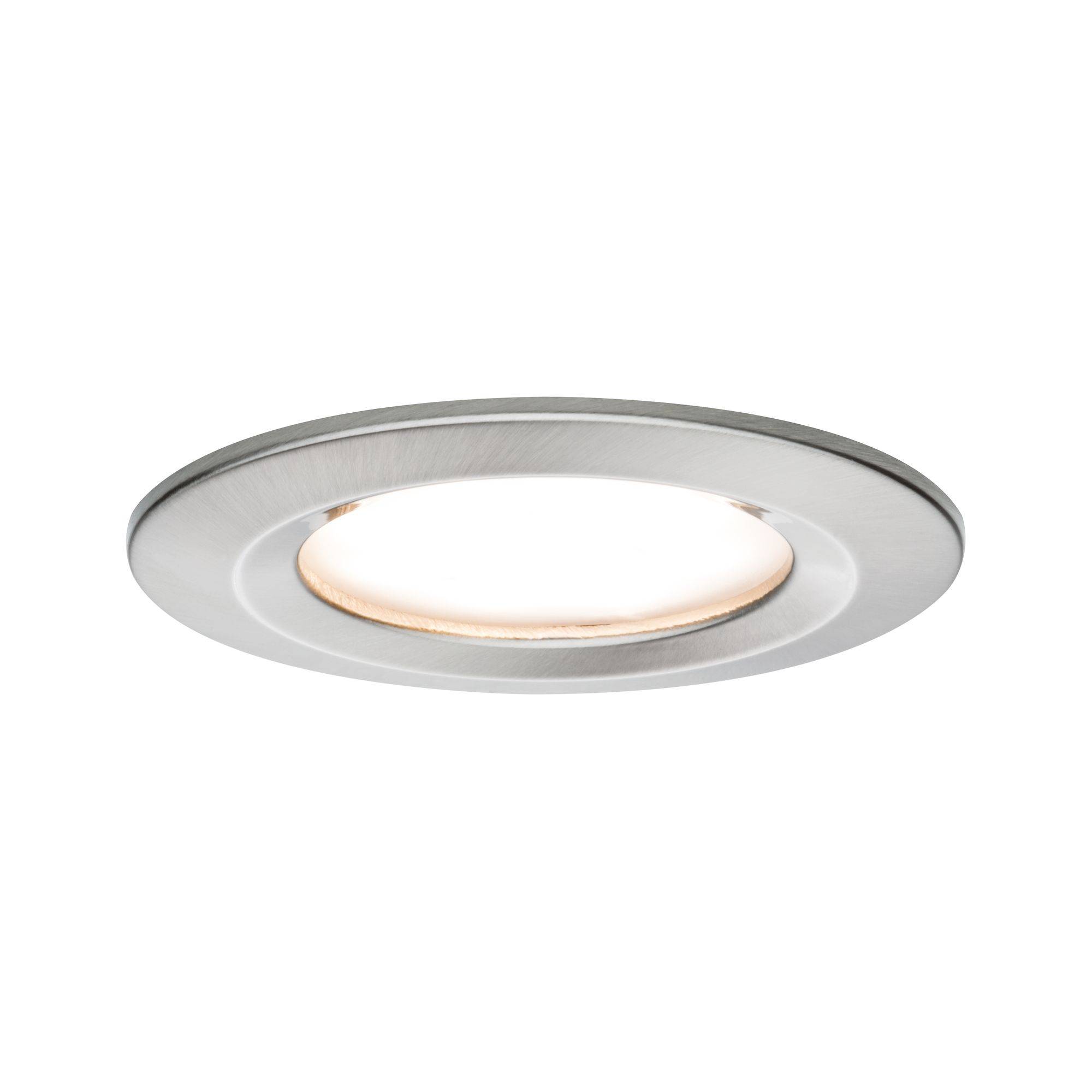 Spot encastrable LED rond argenté avec centre lumineux, adapté à l'éclairage de plafond contemporain pour intérieurs.