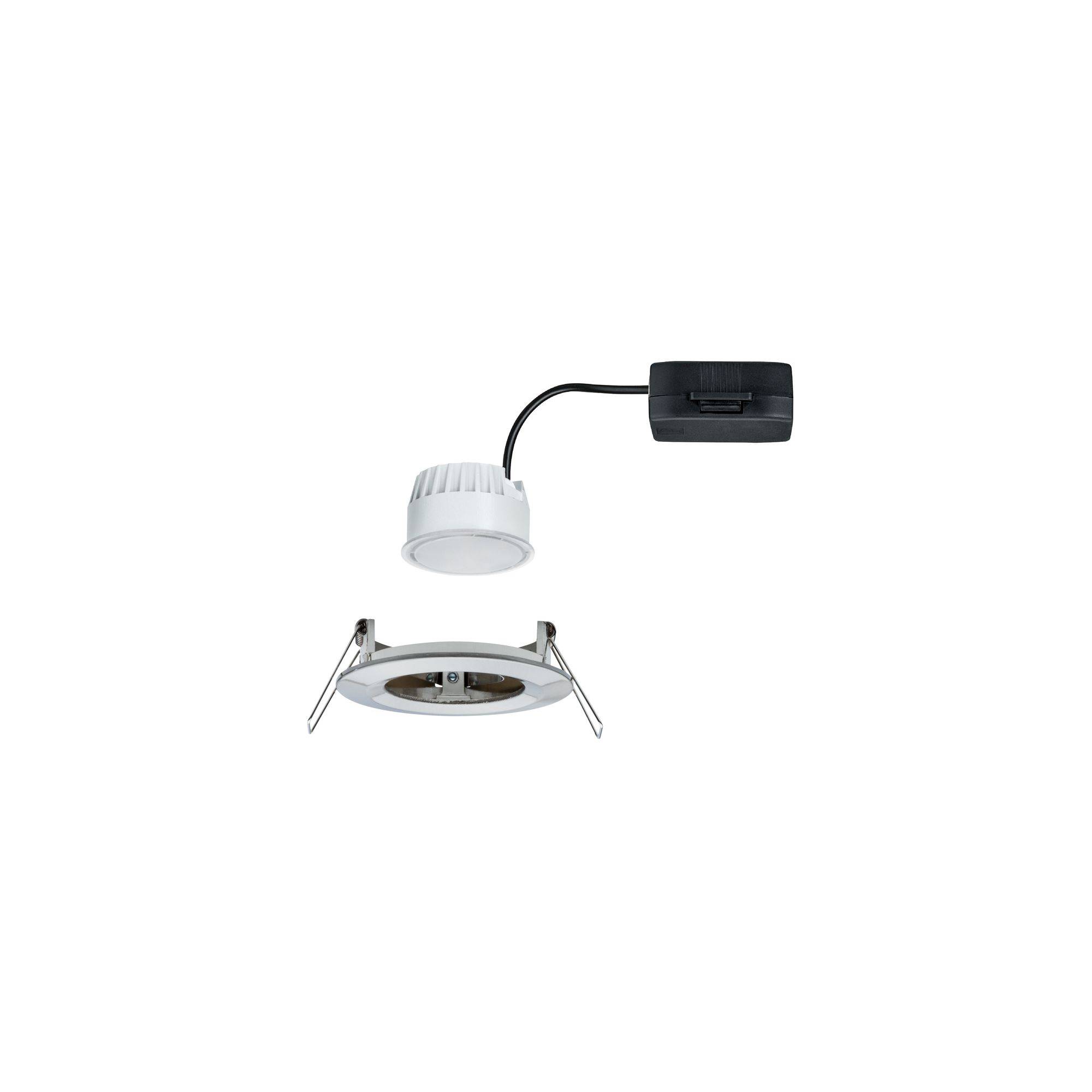 Spot encastrable LED avec cadre rond blanc et boîtier de commande déporté, adapté pour un éclairage intégré au plafond.