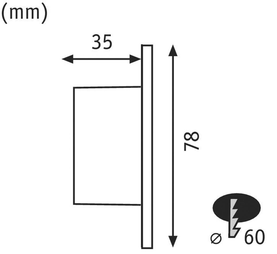 Coupe transversale d'un luminaire encastrable rond, montrant une longueur totale de 78 mm, une profondeur d'encastrement de 35 mm, un diamètre de perçage de 60 mm.