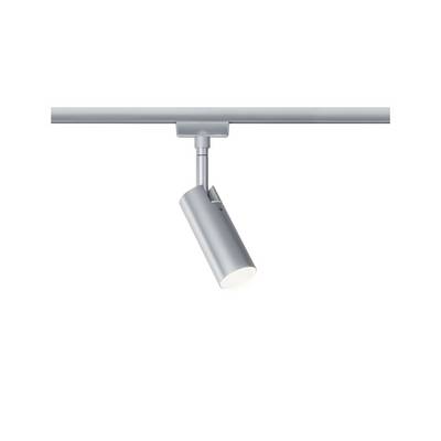 Un projecteur argenté sur rail, dirigé verticalement vers le bas, met en valeur l'éclairage des objets qui y sont destinés.