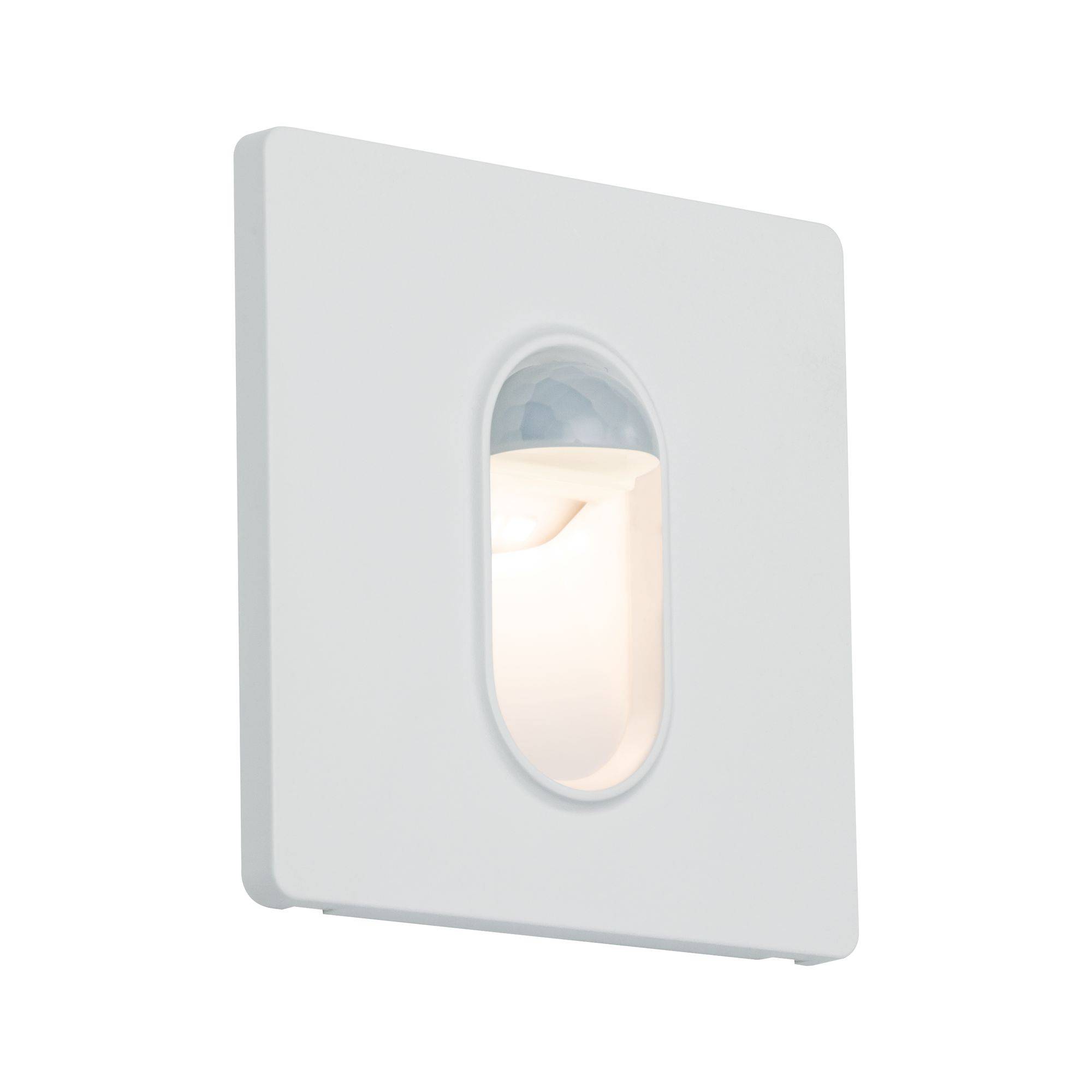Applique murale blanche au boîtier rectangulaire, avec une découpe centrale ovale. Design moderne, adaptée aux espaces intérieurs.