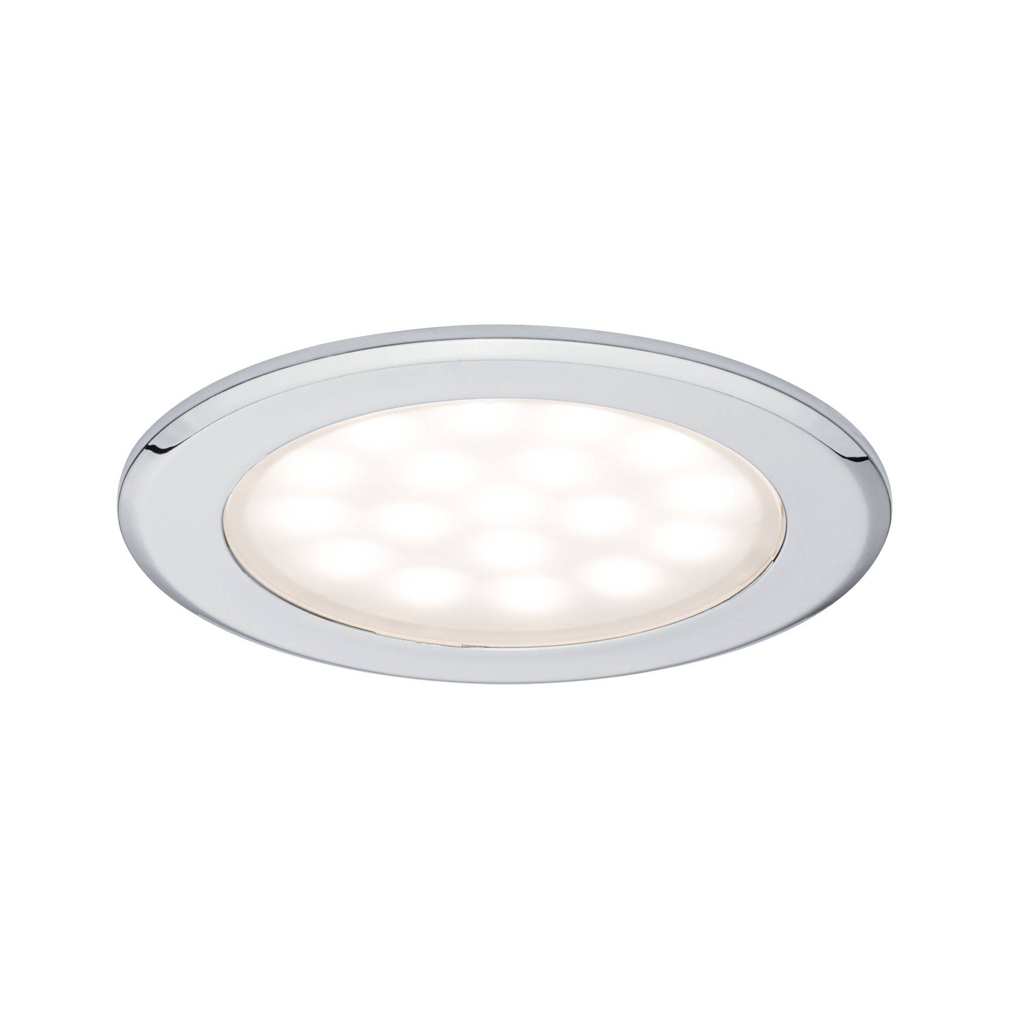 Un luminaire encastré LED circulaire au boîtier chromé, émettant une lumière vive. Idéal pour l'éclairage moderne d'un espace.