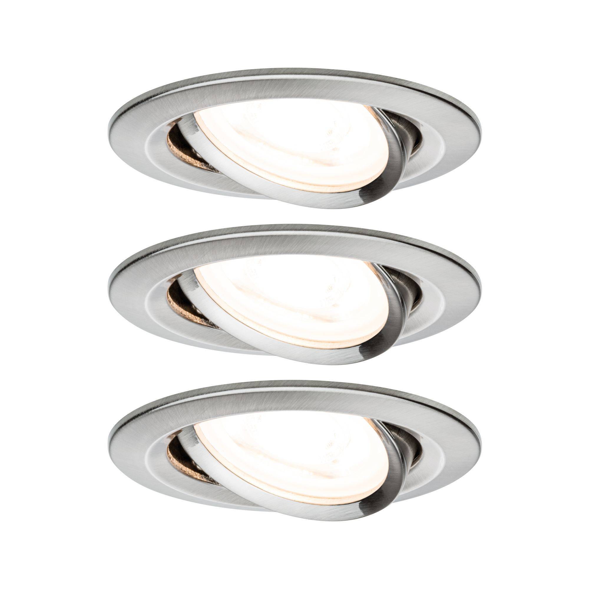Trois spots encastrés ronds en argent avec une lumière chaude, disposés uniformément en ligne verticale.