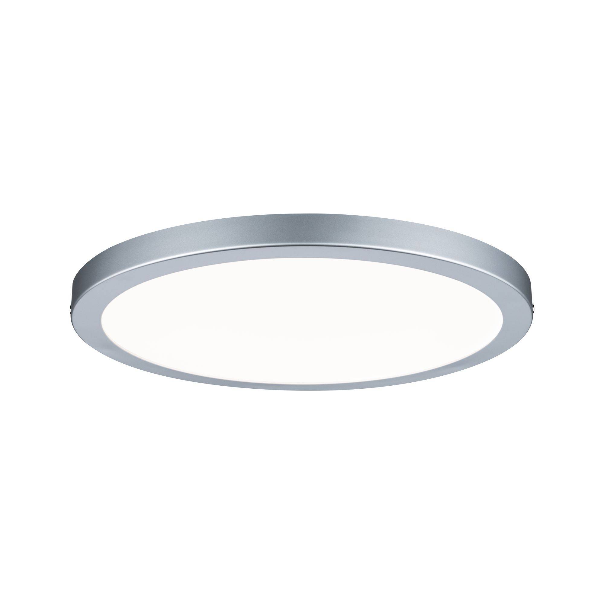 Plafonnier LED rond avec bordure argentée, idéal pour les espaces intérieurs modernes.