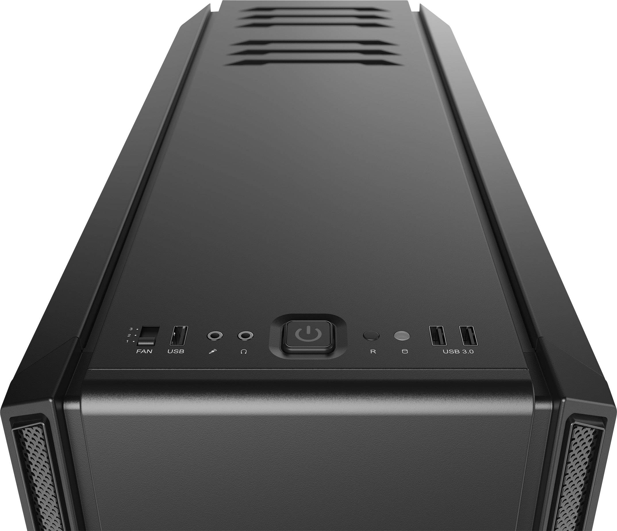 Un boîtier d'ordinateur noir avec plusieurs ports sur le dessus, dont des ports USB et un grand bouton marche/arrêt.