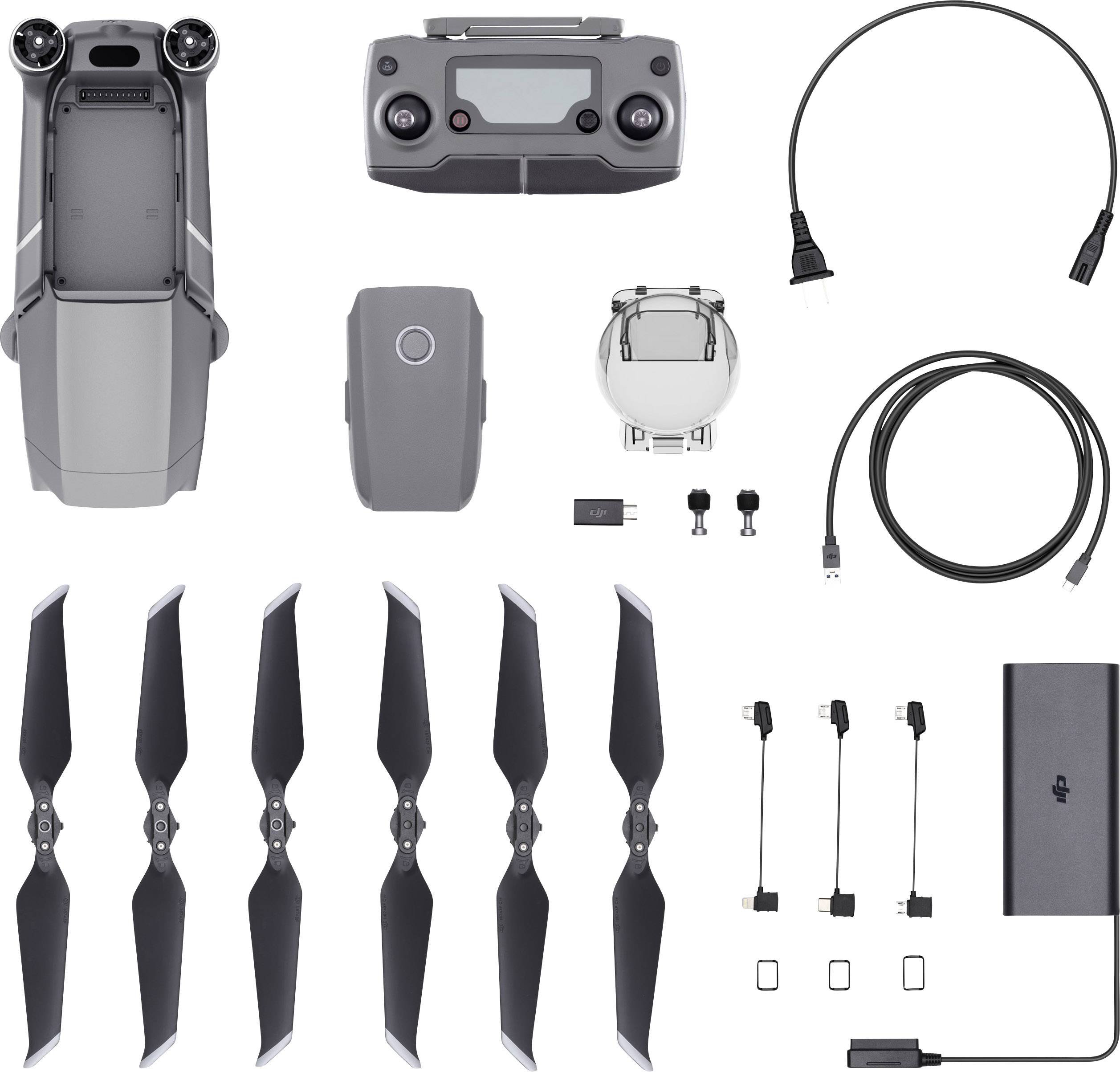 Kit de drone comprenant un drone plié, une télécommande, des batteries, des câbles de charge, des hélices de rechange et des accessoires.