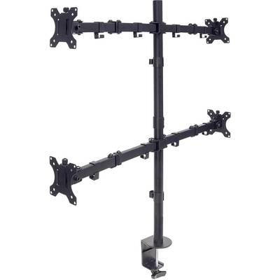Un support de moniteur noir avec une tige verticale et deux bras horizontaux permettant de monter quatre écrans.