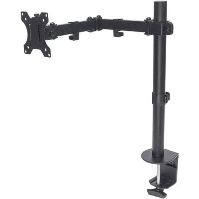 Un bras de moniteur noir avec pince de fixation pour bureau. Il est réglable en hauteur et offre un positionnement flexible de l'écran.