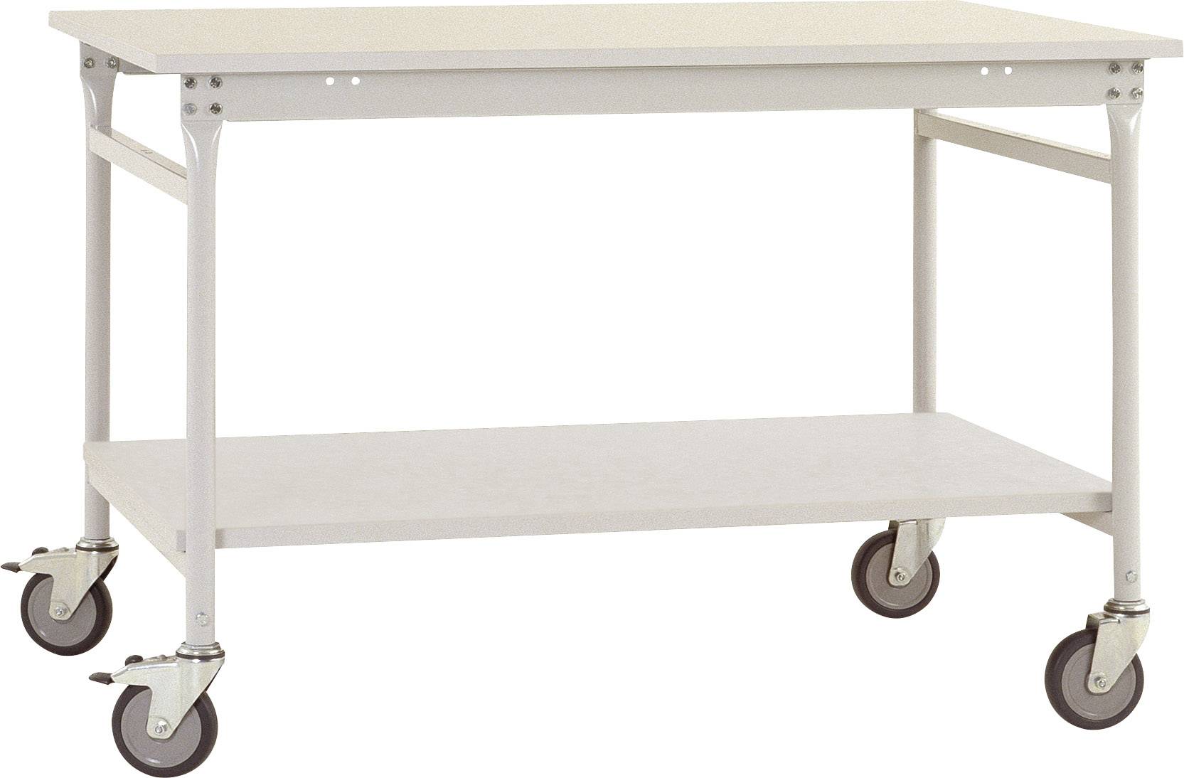 Un chariot à thé blanc, rectangulaire, à deux niveaux et doté de quatre roulettes pivotantes, adapté au transport de vaisselle ou de plats.