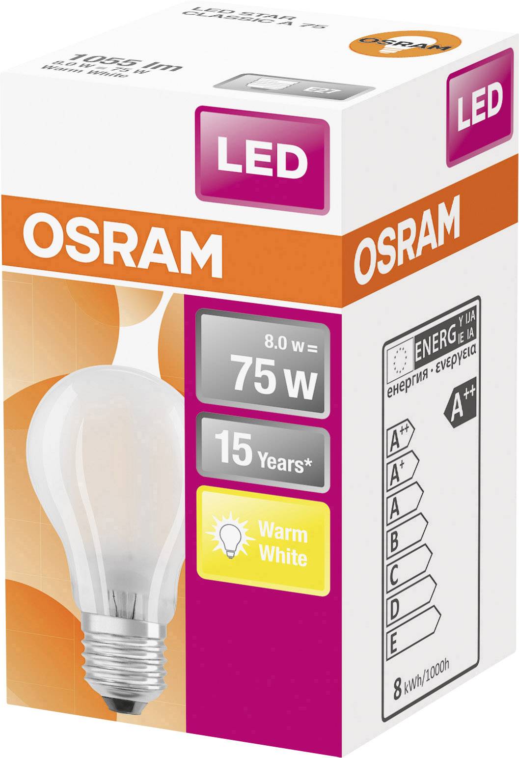 Ampoule LED Osram, 8 watts, équivalent 75 watts, durée de vie de 15 ans, blanc chaud, classe énergétique A++.