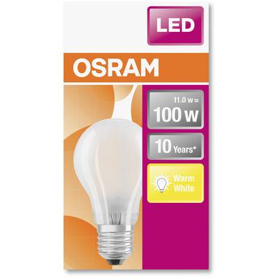 Emballage d'ampoule LED OSRAM. Caractéristiques : 11,0 W équivalent 100 W, durée de vie 10 ans, couleur de lumière 'Blanc chaud'.