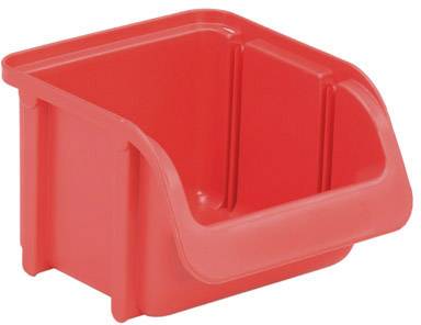 Boîte de rangement en plastique empilable, avec accès ouvert à l'avant. Idéale pour l'organisation et le stockage de petits objets.