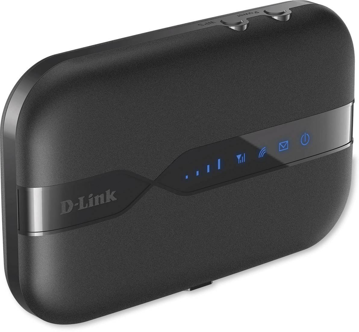 Un routeur Wi-Fi noir D-Link avec des voyants LED sur la façade indiquant la force du signal, le Wi-Fi, la réception de messages et l'état de la batterie.
