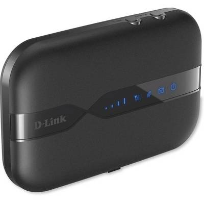 Un routeur Wi-Fi noir D-Link avec des voyants LED sur la façade indiquant la force du signal, le Wi-Fi, la réception de messages et l'état de la batterie.