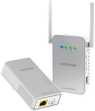 Deux appareils gris Netgear, un adaptateur CPL et un répéteur Wi-Fi, dont l'un est équipé de deux antennes.