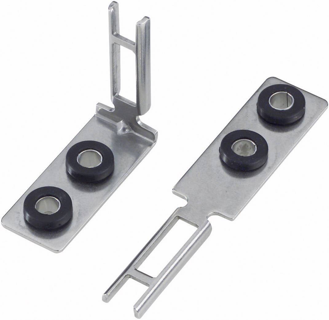 Deux supports métalliques munis chacun de trois anneaux en caoutchouc. L'un est dressé verticalement, l'autre est posé à plat. Ils sont destinés au montage.