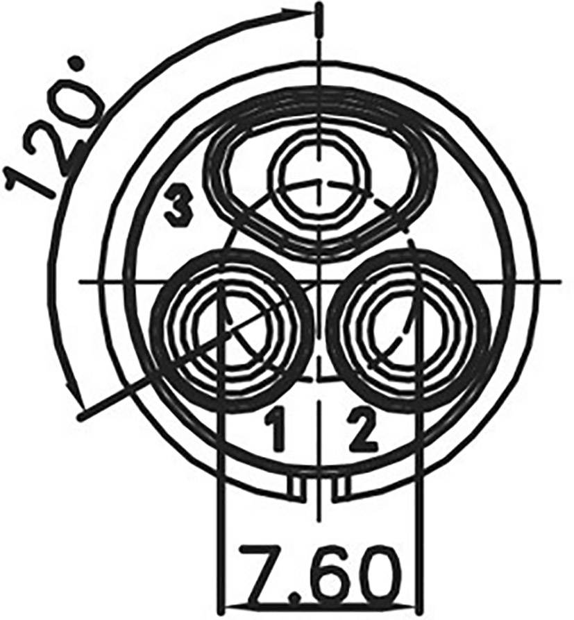 Dessin technique d'une prise tripolaire avec l'étiquette '120°' en haut et '7,60' en bas.