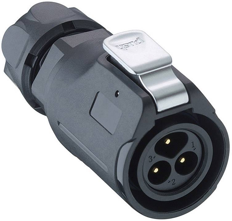 Connecteur tripolaire noir avec fermeture argentée ; typiquement utilisé pour des applications industrielles et des câblages sécurisés.