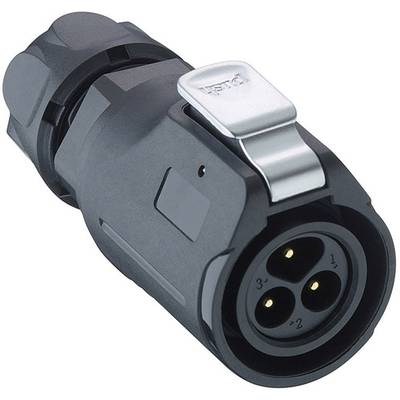 Connecteur tripolaire noir avec fermeture argentée ; typiquement utilisé pour des applications industrielles et des câblages sécurisés.