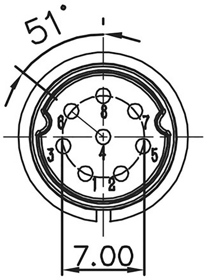 Dessin technique d'un connecteur électrique, vue de dessus. Montre une disposition des broches avec un angle de 51 degrés et un diamètre de 7,00 mm.