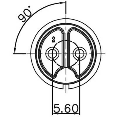 Dessin technique d'un objet circulaire avec deux cercles concentriques et deux perçages centraux. Un angle de 90 degrés et une dimension de 5,60 sont indiqués.