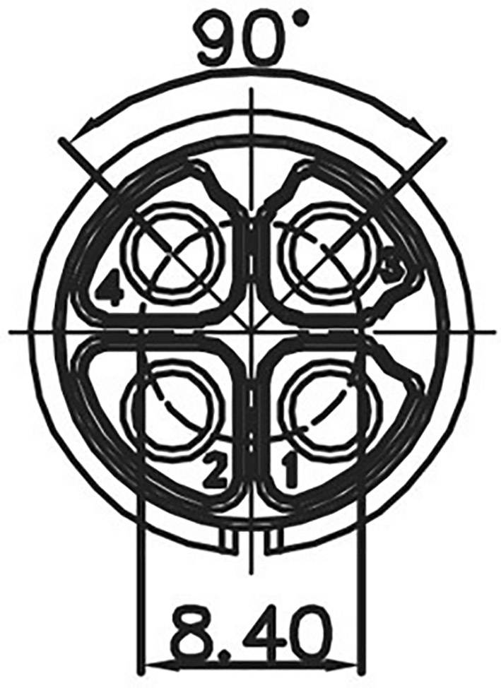 Dessin technique d'un connecteur avec quatre broches numérotées disposées en cercle, diamètre 8,40 mm, angle de 90°.