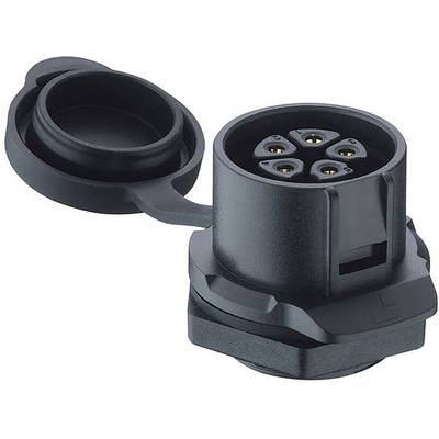 Prise électrique noire, ronde, avec couvercle, montrant des connexions à cinq broches.
