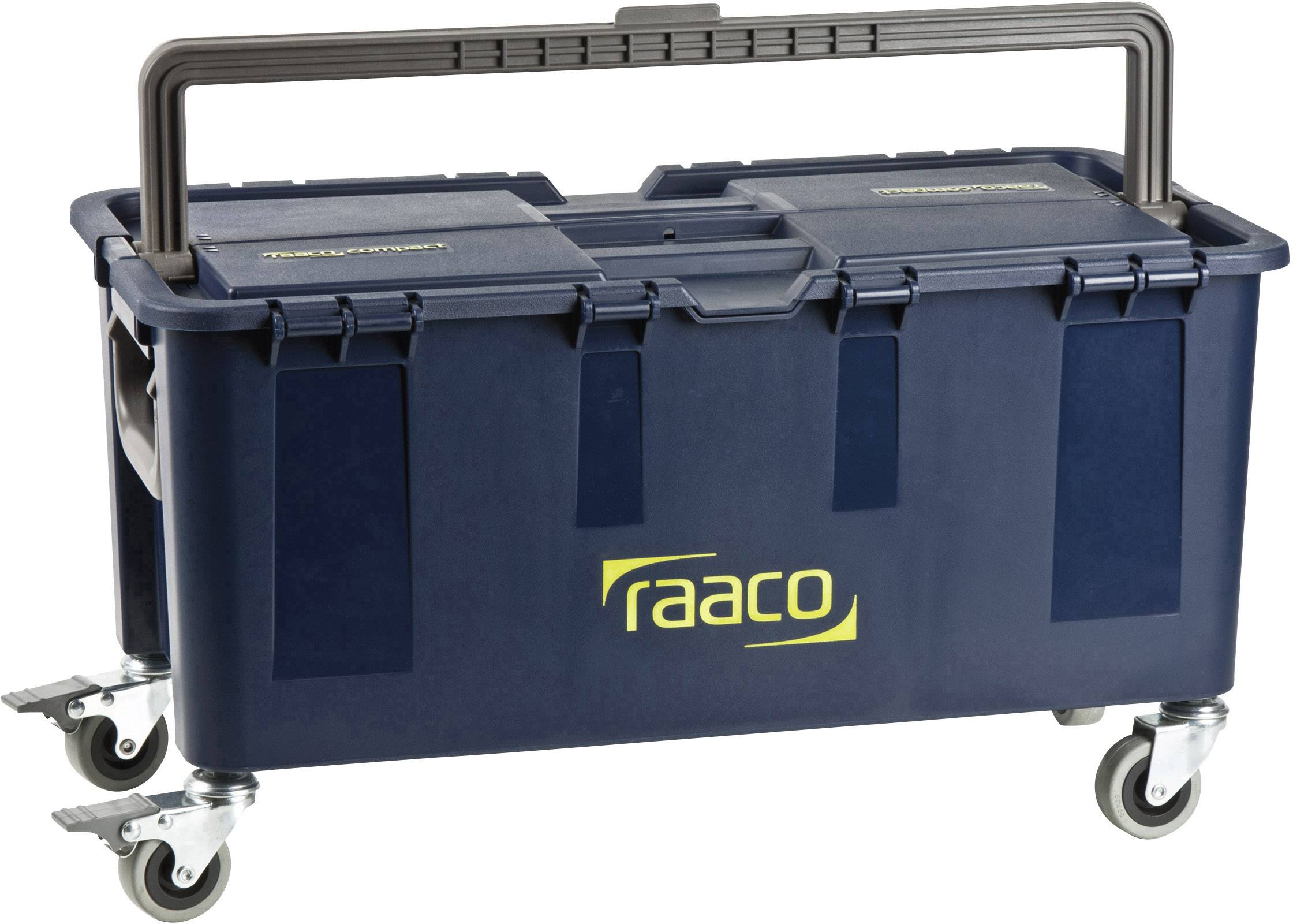 Une boîte à outils bleue sur roulettes avec une poignée rabattable et le logo jaune 'raaco' sur le côté.