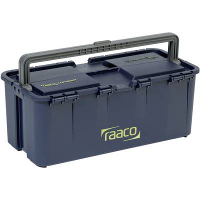 Boîte à outils bleu foncé avec poignée de transport, portant l'inscription 'raaco' et 'compact' en jaune. Adaptée au transport et au rangement des outils.