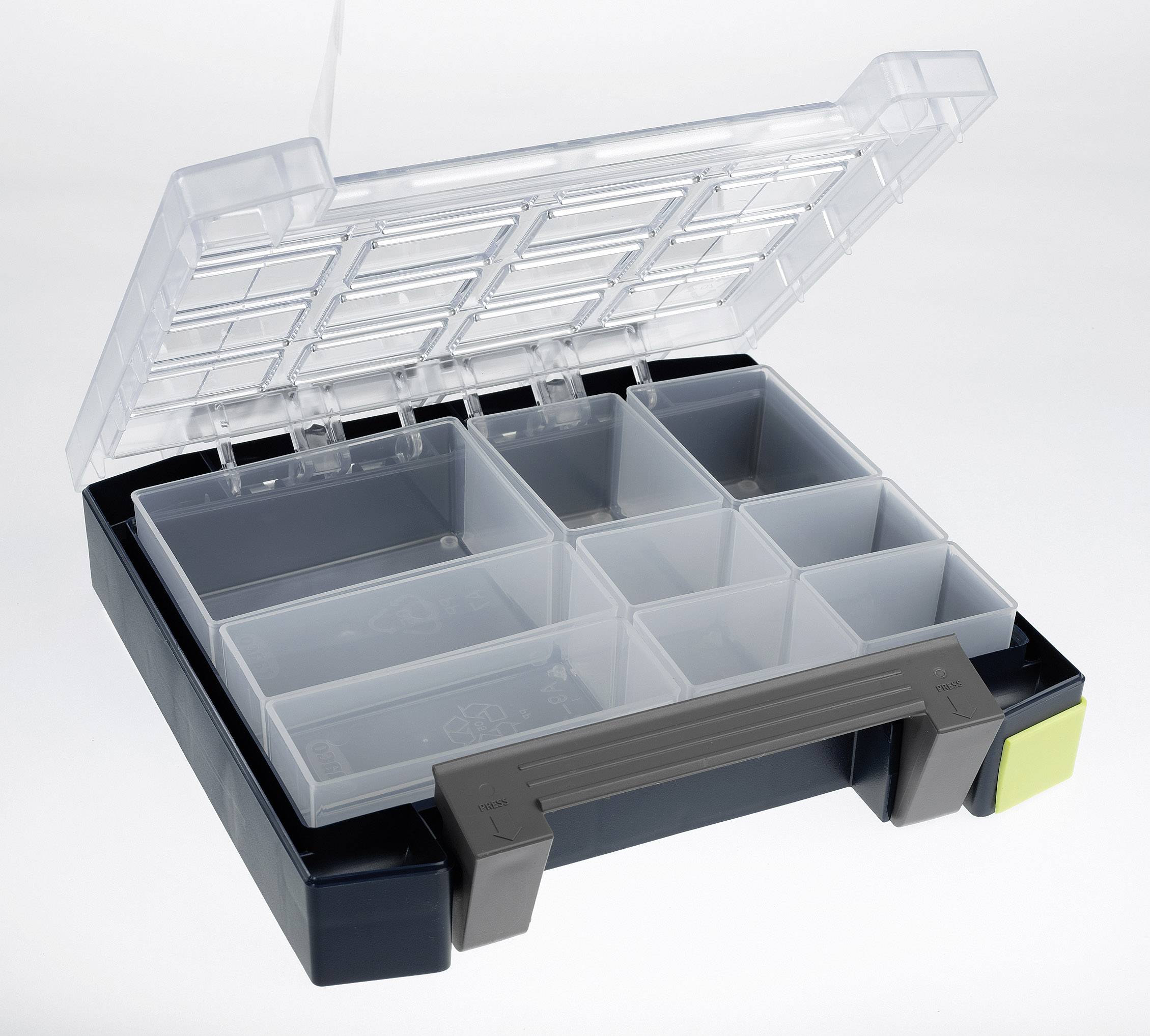 Récipient de rangement transparent ouvert avec neuf compartiments pour petits objets, sur fond blanc.