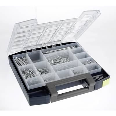 Une boîte à outils ouverte avec plusieurs compartiments contenant des vis de différentes tailles.