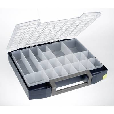 Boîte de rangement en plastique vide, ouverte, avec compartiments ajustables, adaptée à l'organisation de petits objets.