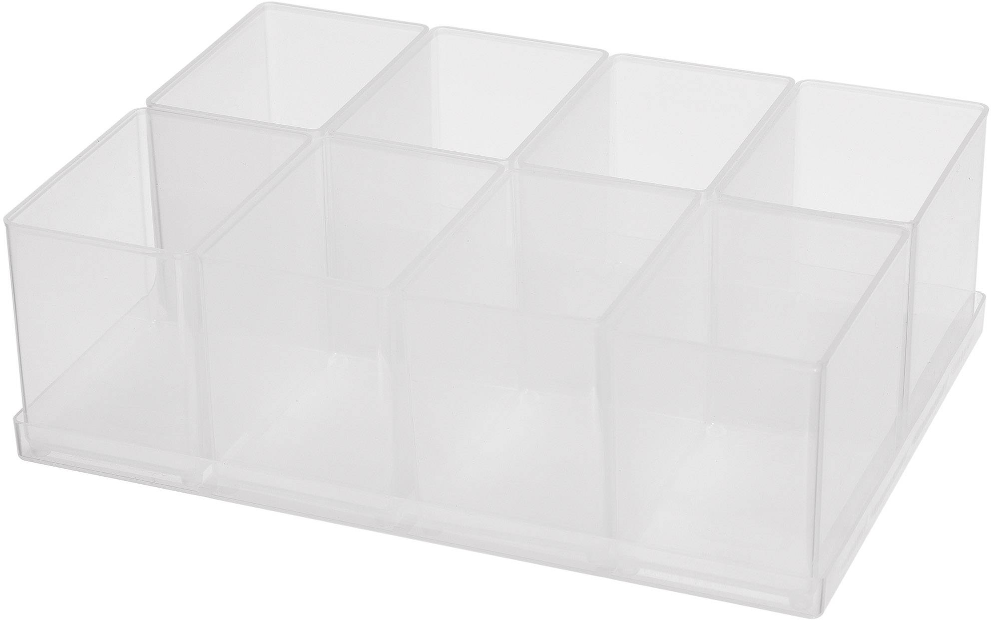 Boîte en plastique transparent à huit compartiments carrés, adaptée au rangement de petits objets.