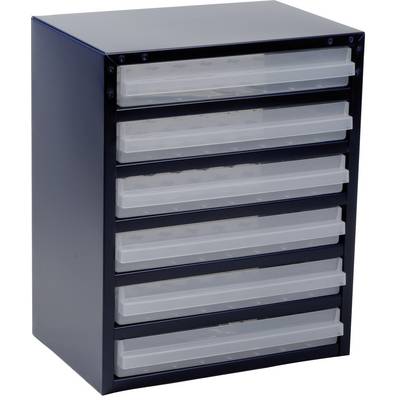 Armoire métallique noire à six tiroirs, avec des tiroirs transparents, idéale pour le rangement de petits objets.